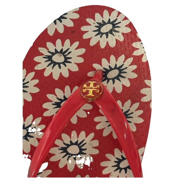 Tory Burch Women's Red Nantucket Daisy Floral Flip Flops Size 8 - Picture 2 of 11
